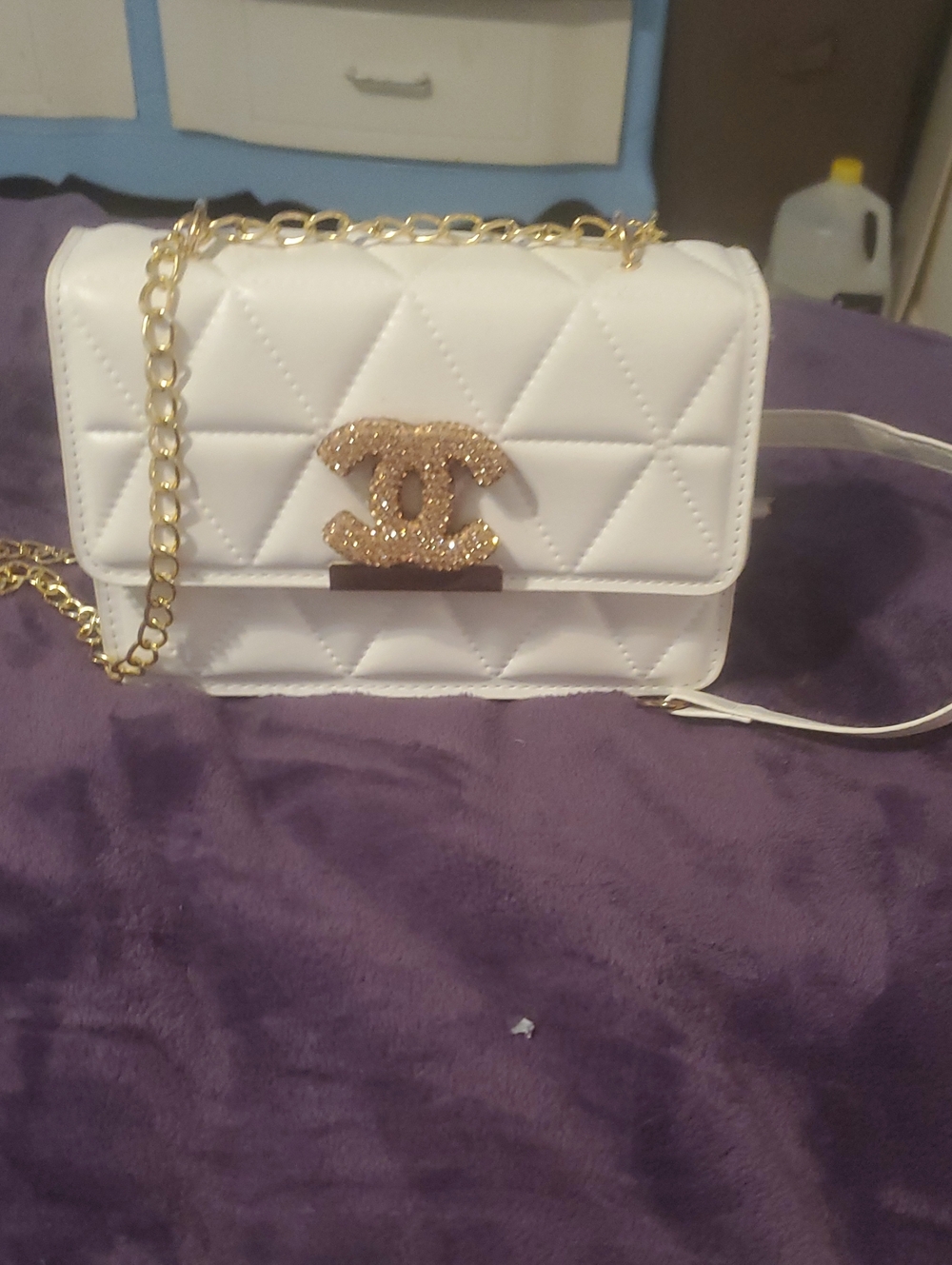White Quilted Crossbody Bag with Gold Chain and Logo Accent
